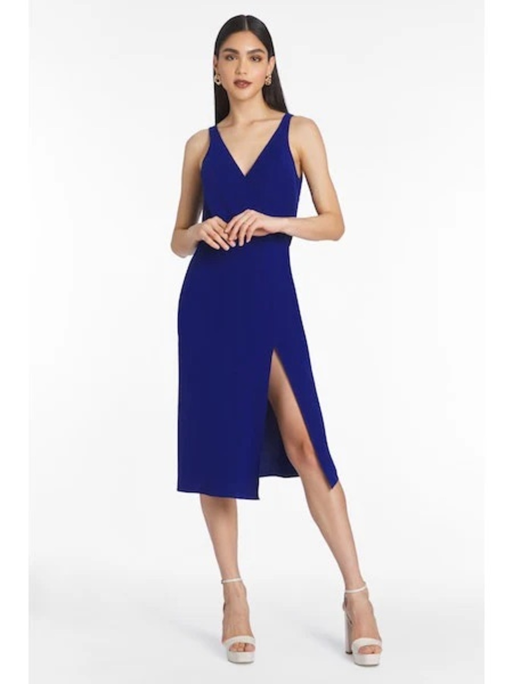 Amanda Uprichard Cobalt Blue V-Neck Midi Dress with Side Slit